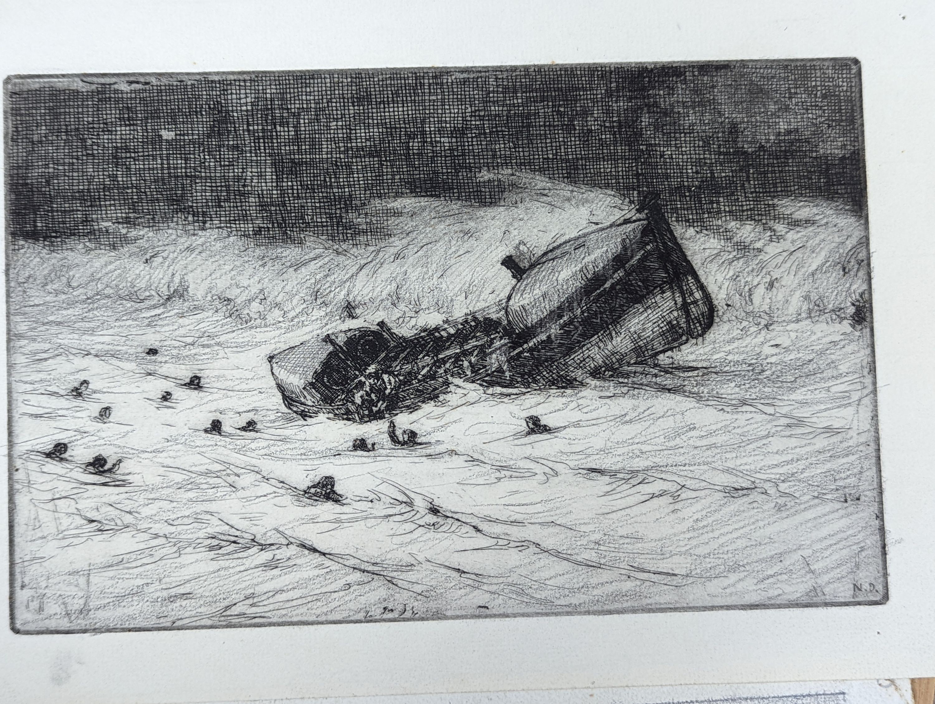 Nelson Dawson (1859-1941) etchings and drawings for 'Lifeboat Upset'